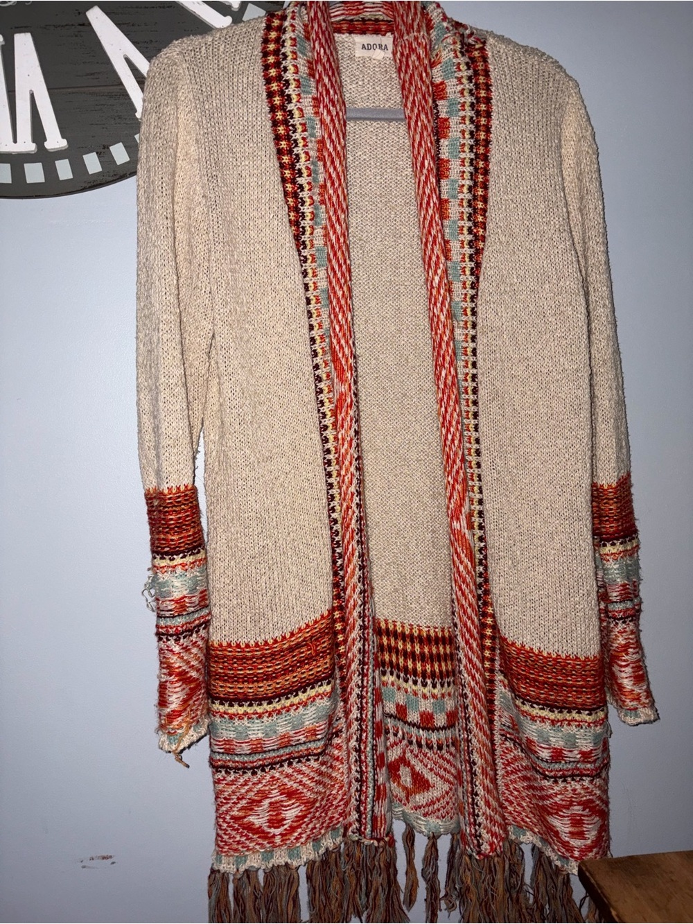 ADORA Beige Cardigan with Rust and Cream Aztec Trim